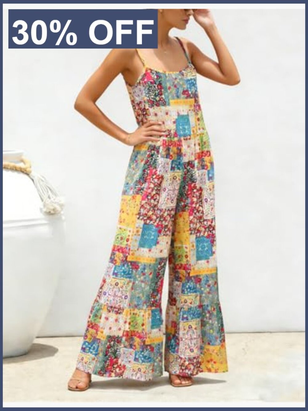 Boho Floral Patchwork Wide Leg Overalls - Sleeveless Romper with Pockets - Picture 2 of 7